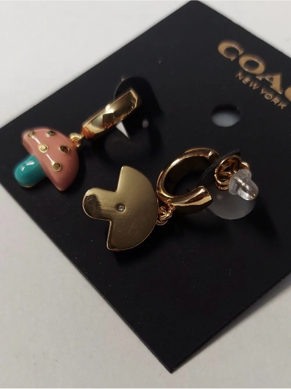 Coach Gold Hoop Earrings with Pink and Turquoise Mushroom Charms - Picture 2 of 3
